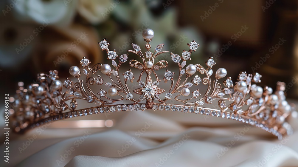 Elegant Rose Gold Crown with Pearls and Diamonds Elegant Rose Gold Crown with Pearls and Diamonds