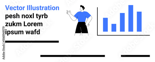 Cartoon male character pointing at a bar chart with four ascending blue bars. Ideal for business reports, data analysis, presentations, infographics, educational materials, marketing strategies