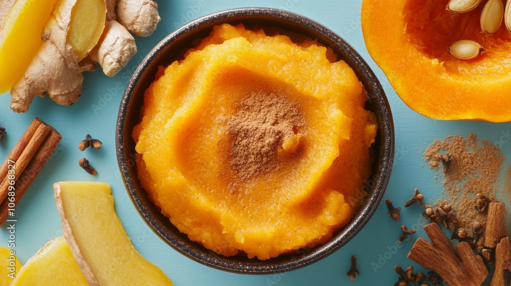 Pumpkin puree with ginger, cinnamon, and cloves on a blue background, spiced for an autumn dish Pumpkin puree with ginger, cinnamon, and cloves on a blue background, spiced for an autumn dish