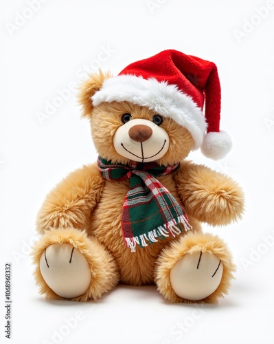 Cute teddy bear wearing a red Santa hat and a colorful, holiday-themed scarf, bringing warmth and joy to the festive season.