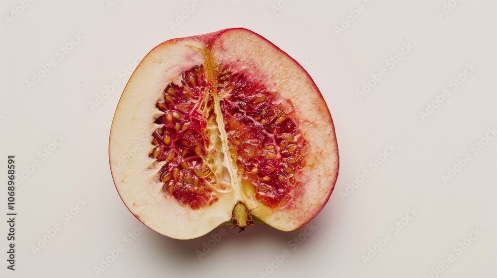 A healthy kidney-shaped fruit is placed on a white background, symbolizing kidney health. The fruit is sliced to reveal its vibrant red interior