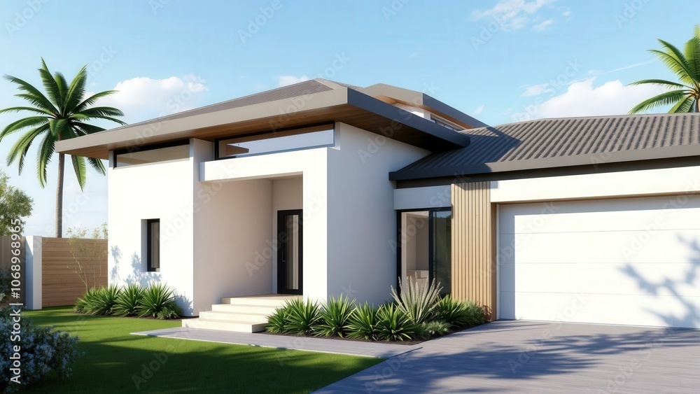Fototapeta premium Modern Minimalist Home Exterior Design with White Walls, Brown Accents, and Lush Green Landscape under Clear Blue Sky