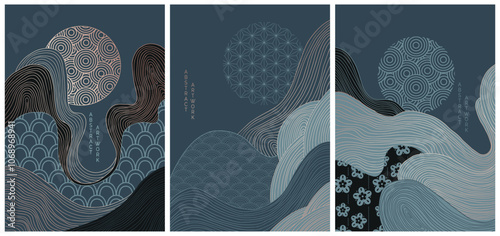 vector abstract japanese style landscapes lined waves in black and gold colours	