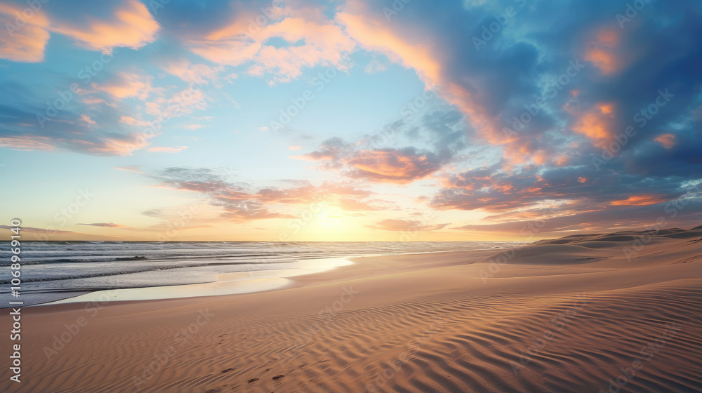 Serene Beach Sunset Skies with Gentle Waves Serene Beach Sunset Skies with Gentle Waves