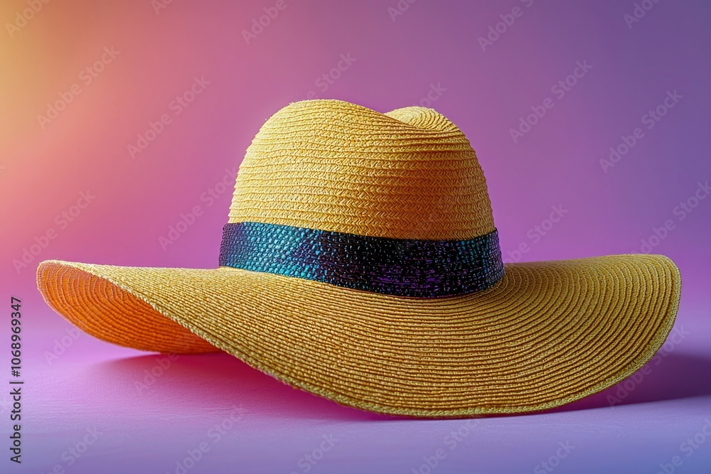 Yellow Straw Hat with Black and Purple Ribbon on Purple Background Yellow Straw Hat with Black and Purple Ribbon on Purple Background