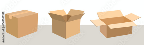 Set of Corrugated Brown Packaging Boxes Open and Closed Style. Cartoon Cardboard Boxes. Product Packaging Mockups Background Design. Vector Illustration