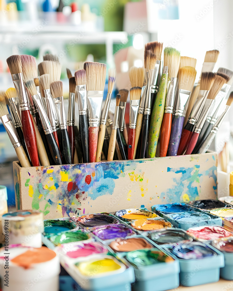 A close-up of various paintbrushes in a container, with watercolors and paint tubes in the foreground. A close-up of various paintbrushes in a container, with watercolors and paint tubes in the foreground.