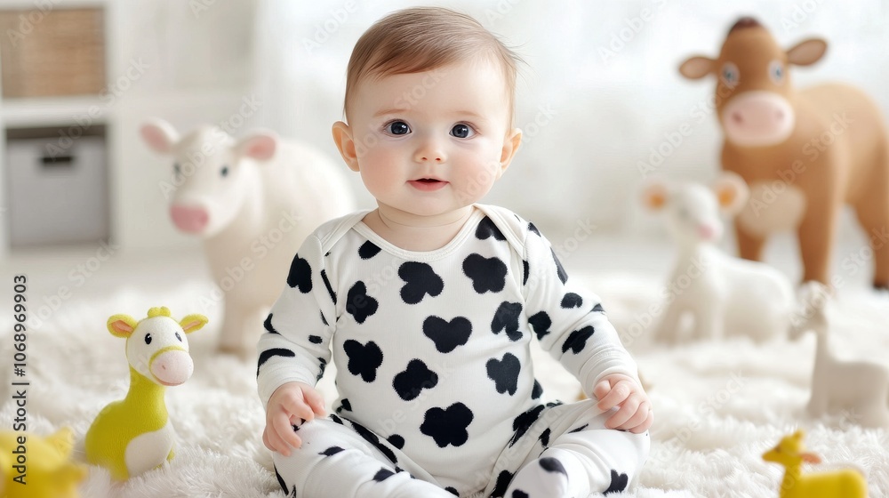 Smiling baby in cow pattern onesie surrounded by soft plush animals in bright playroom Smiling baby in cow pattern onesie surrounded by soft plush animals in bright playroom
