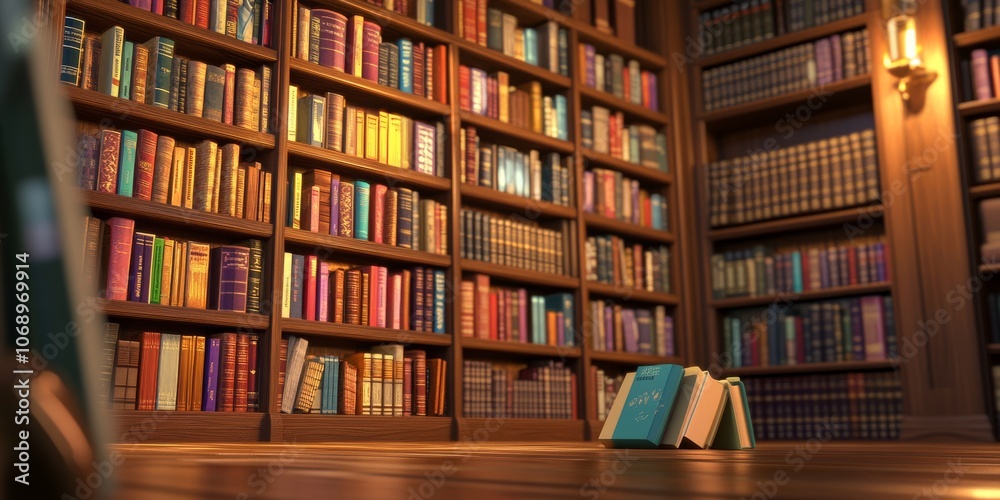 Warm-lit library with rows of classic bookshelves and a serene ambiance, capturing a tranquil reading environment Warm-lit library with rows of classic bookshelves and a serene ambiance, capturing a tranquil reading environment