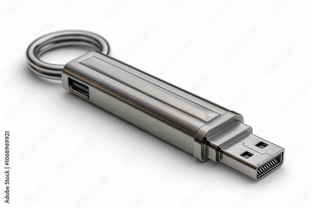 Sleek Metal USB Drive on White Background Sleek Metal USB Drive on White Background