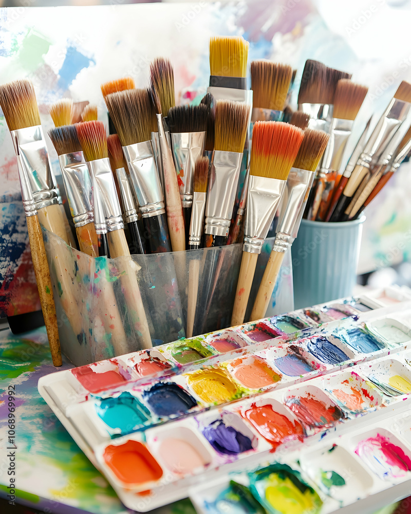 Fototapeta premium A collection of paintbrushes and watercolors on a table.