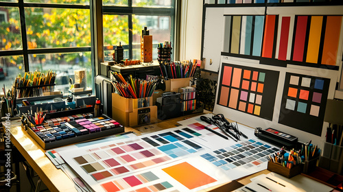 A creative workspace with color palettes and art supplies.