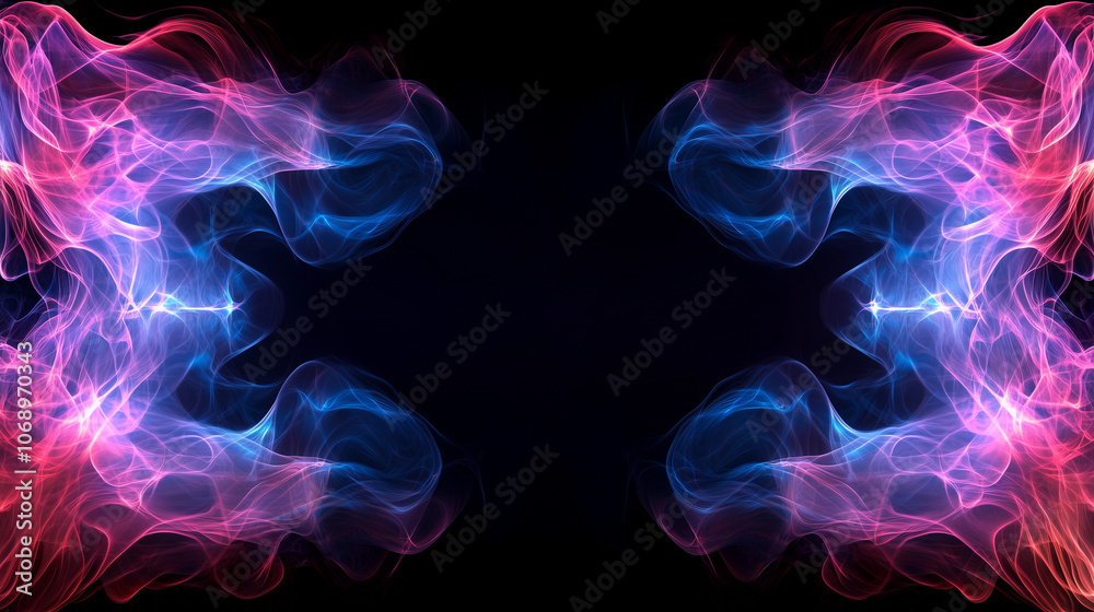 Obraz premium Neon pink and blue swirling smoke frame on black background. Border, postcard, banner, card. Empty copy space for design. 