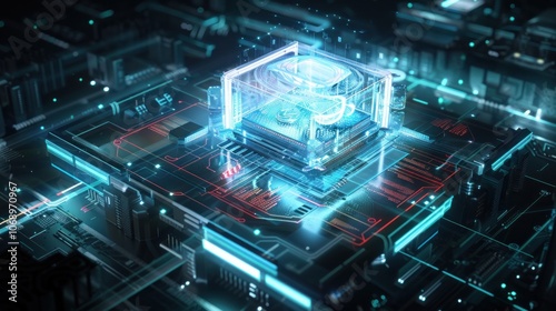 a futuristic CPU processor that uses holographic technology, with transparent display elements and data holograms flowing around the core components