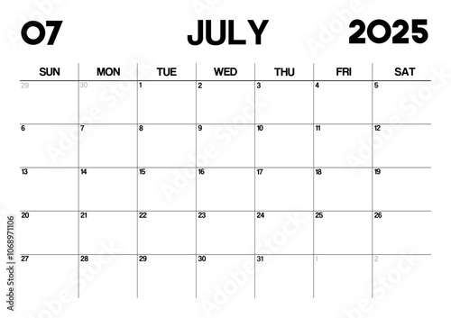 Printable Monthly Calendar Template for July 2025. Minimalist Style Calendar in Landscape Format. Week Starts on Sunday. Calendar Planner for 2025 year.