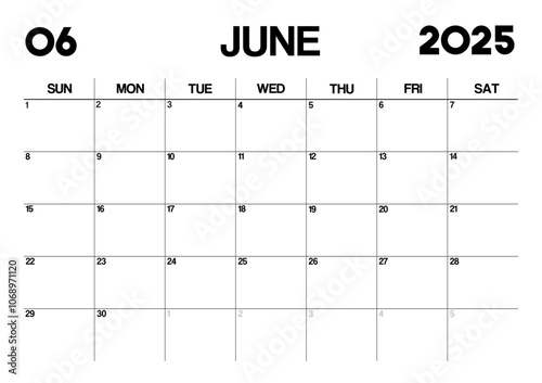 Printable Monthly Calendar Template for June 2025. Minimalist Style Calendar in Landscape Format. Week Starts on Sunday. Calendar Planner for 2025 year.