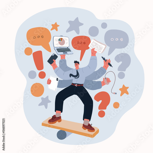 Cartoon vector illustration of a businessman balancing on a board with six hands holding a laptop, pen, phone, documents, mouse, symbolizing multitasking and work-life balance