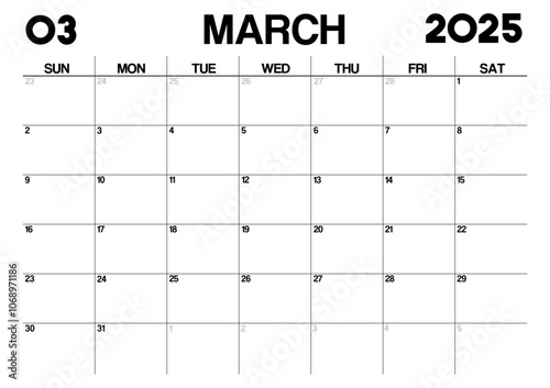 Printable Monthly Calendar Template for March 2025. Minimalist Style Calendar in Landscape Format. Week Starts on Sunday. Calendar Planner for 2025 year.