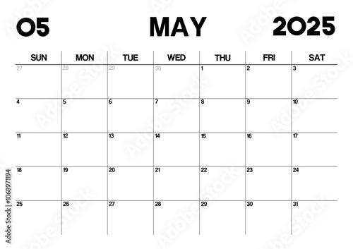 Printable Monthly Calendar Template for May 2025. Minimalist Style Calendar in Landscape Format. Week Starts on Sunday. Calendar Planner for 2025 year.