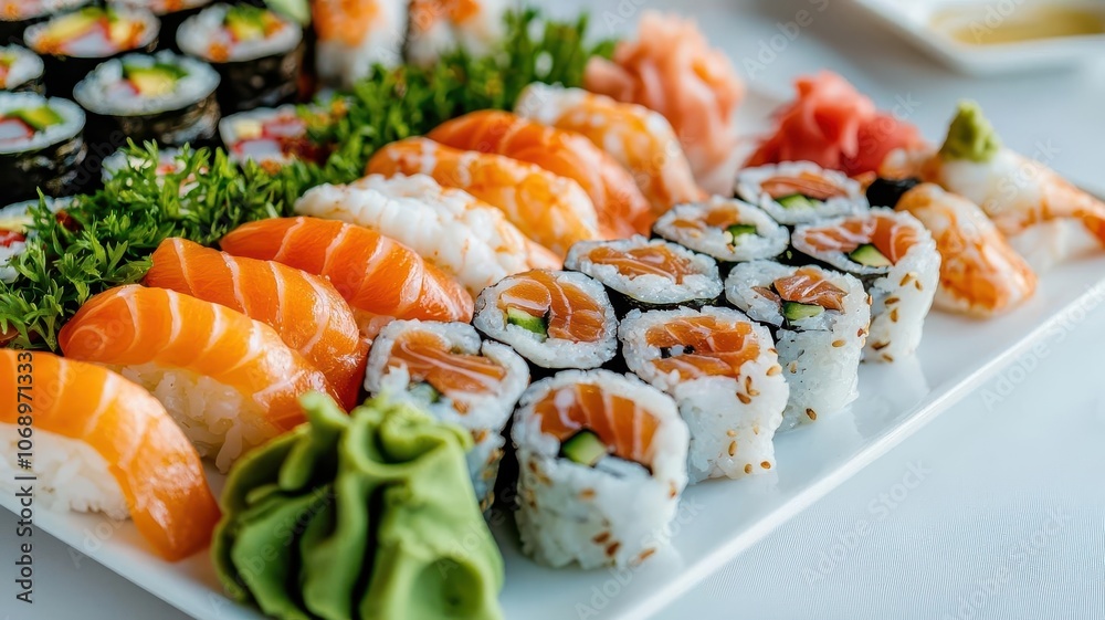 A vibrant platter of assorted sushi featuring rolls, sashimi, and green wasabi, elegantly arranged on a white plate. A vibrant platter of assorted sushi featuring rolls, sashimi, and green wasabi, elegantly arranged on a white plate.