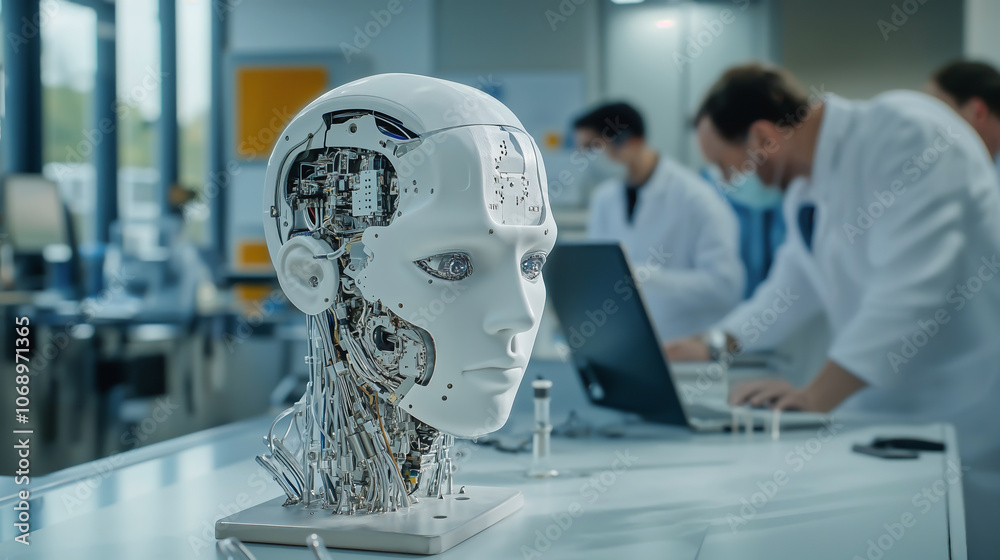 Futuristic robotic head with exposed circuitry in laboratory setting, with scientists working in background on advanced artificial intelligence research Futuristic robotic head with exposed circuitry in laboratory setting, with scientists working in background on advanced artificial intelligence research
