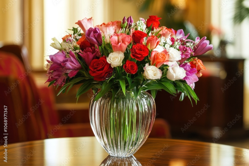 A vibrant bouquet of assorted flowers in a clear vase, enhancing the decor of a room.