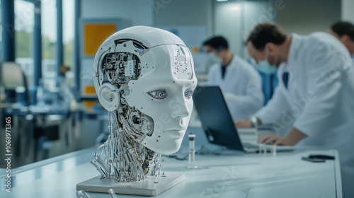 Futuristic robotic head with exposed circuitry in laboratory setting, with scientists working in background on advanced artificial intelligence research