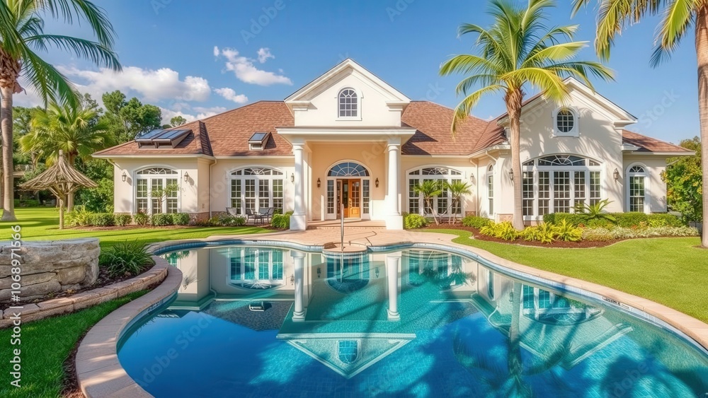 Fototapeta premium Luxurious Dream Home with Sparkling Pool and Lush Tropical Garden - Perfect for Relaxation and Entertaining