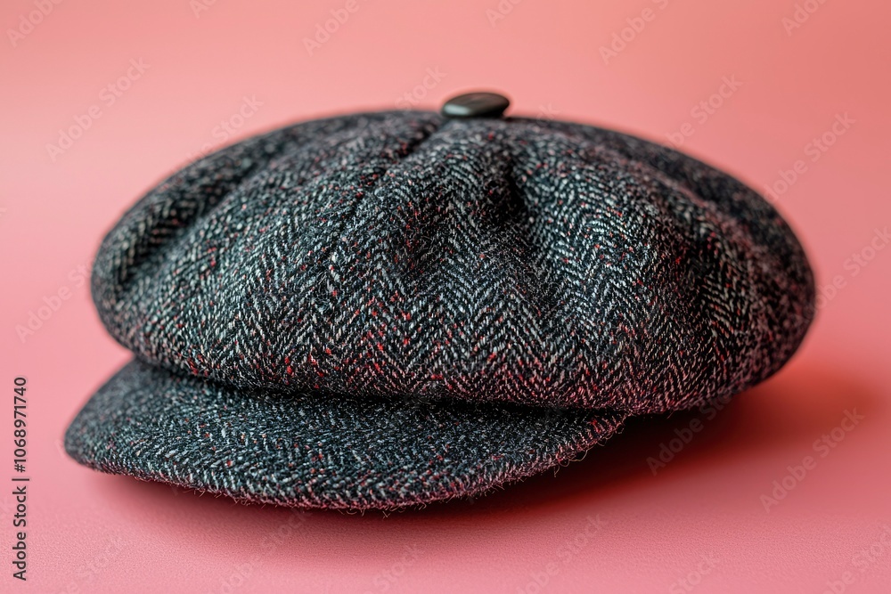 Close-up of a Black and Red Herringbone Patterned Newsboy Cap Close-up of a Black and Red Herringbone Patterned Newsboy Cap