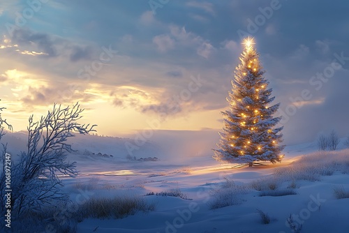 A beautifully lit Christmas tree standing tall in a snowy meadow, with a soft glow illuminating the surrounding snow