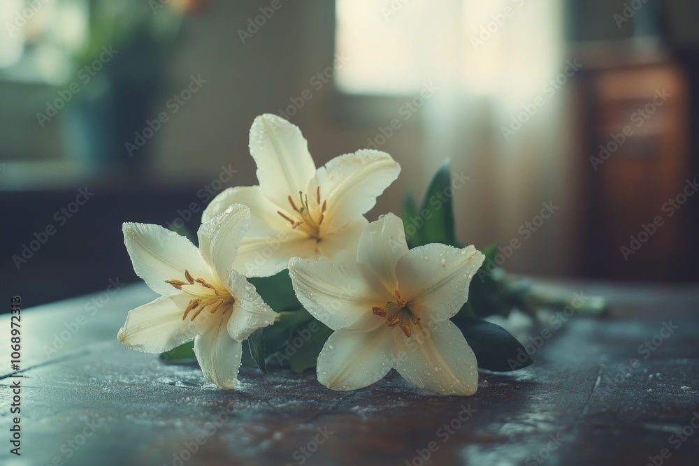 White Lilies on Rustic Wooden Table with Soft Light and Water Drops White Lilies on Rustic Wooden Table with Soft Light and Water Drops