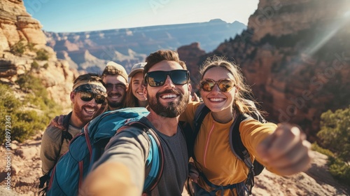 A group of friends enjoying a hiking trip, taking a selfie in a scenic outdoor location.