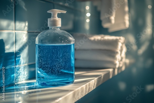 Blue Hand Sanitizer Bottle on White Countertop with Blue Tiles Background