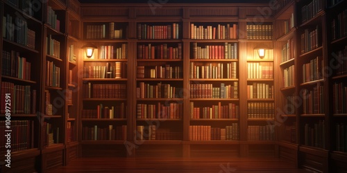 Low-angle view of books scattered on the floor in a classic library with tall wooden bookshelves and warm lighting