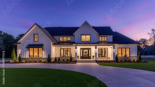 Experience Modern Living: Luxurious Farmhouse-Style Home with Spacious Driveway and Warm Lighting