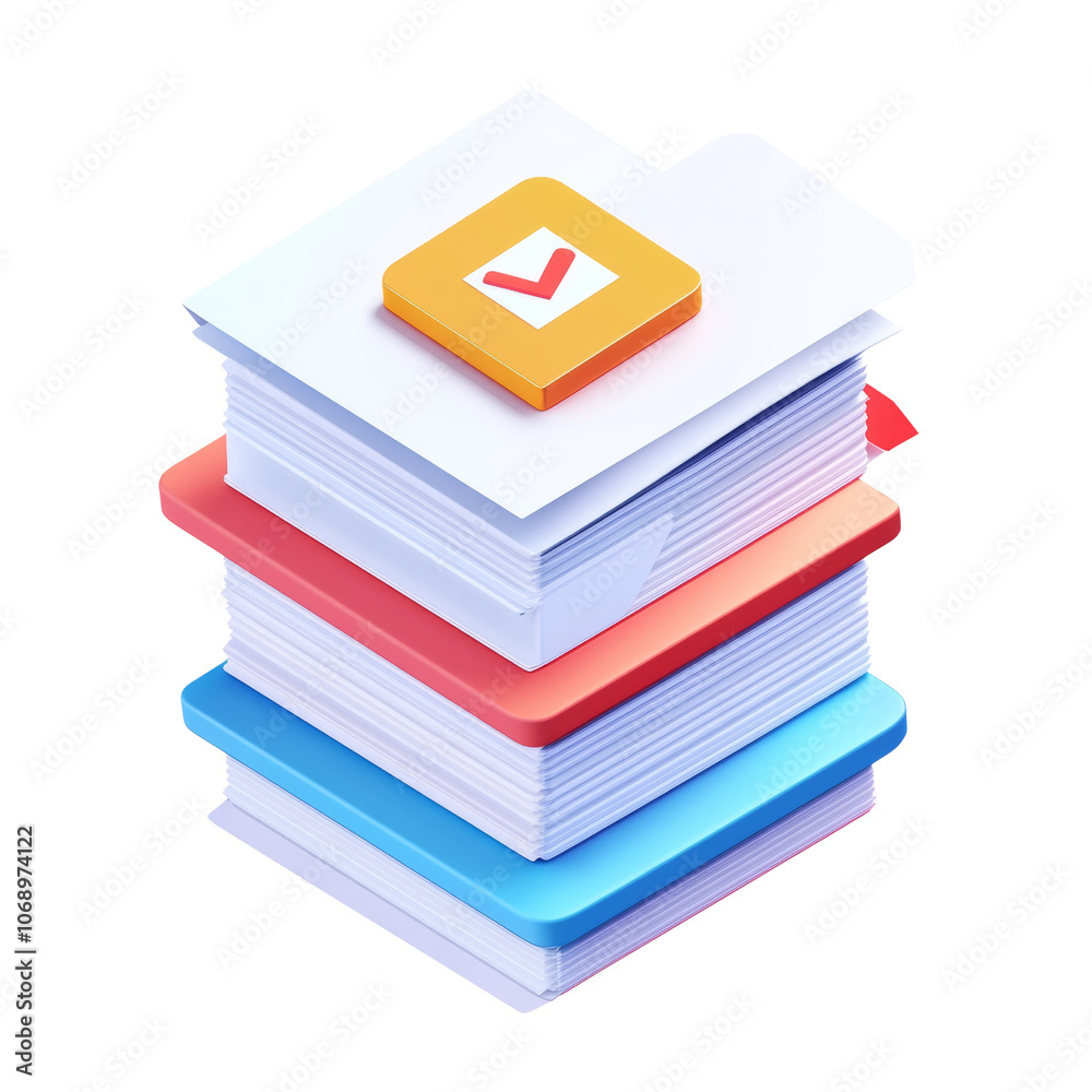 3D Document Stack Icon with Approval Check 3D Document Stack Icon with Approval Check