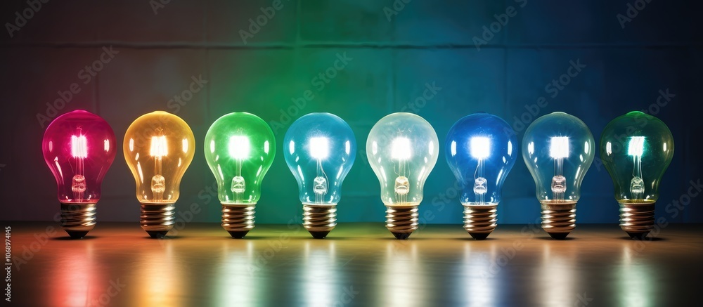 Rainbow Spectrum of Light Bulbs on Dark Background Rainbow Spectrum of Light Bulbs on Dark Background