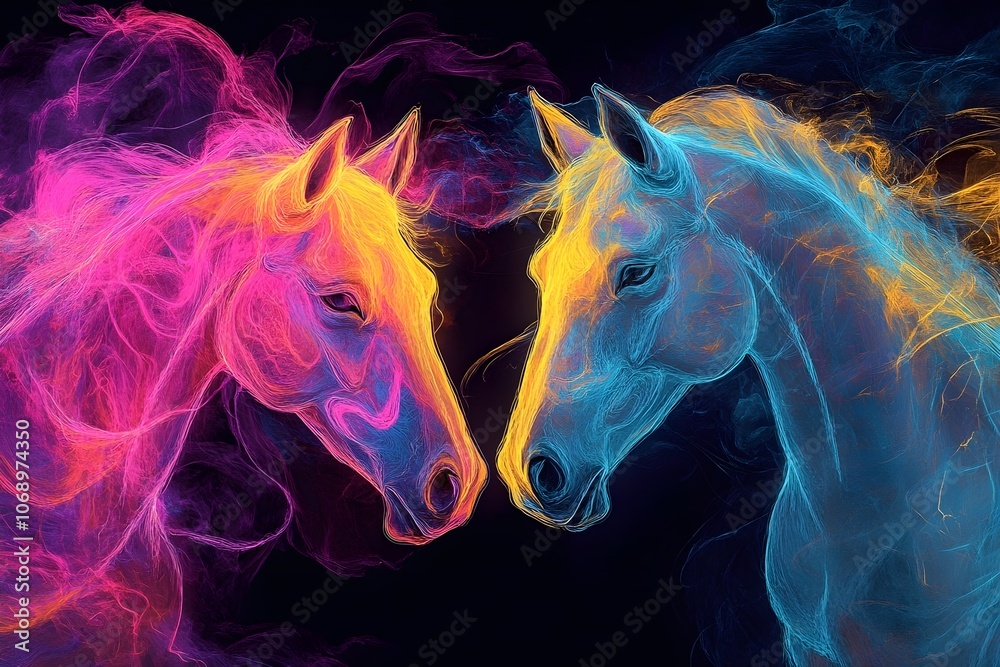 A surreal and vivid artwork featuring two horse heads, rendered in an abstract synesthesia A surreal and vivid artwork featuring two horse heads, rendered in an abstract synesthesia