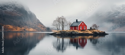 Tranquil Red Cabin by Misty Mountain Lake