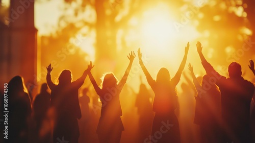 Christian worship God together hold hands and hugs warmth in Church, sun light background with sunset. Concept banner easter resurrection.