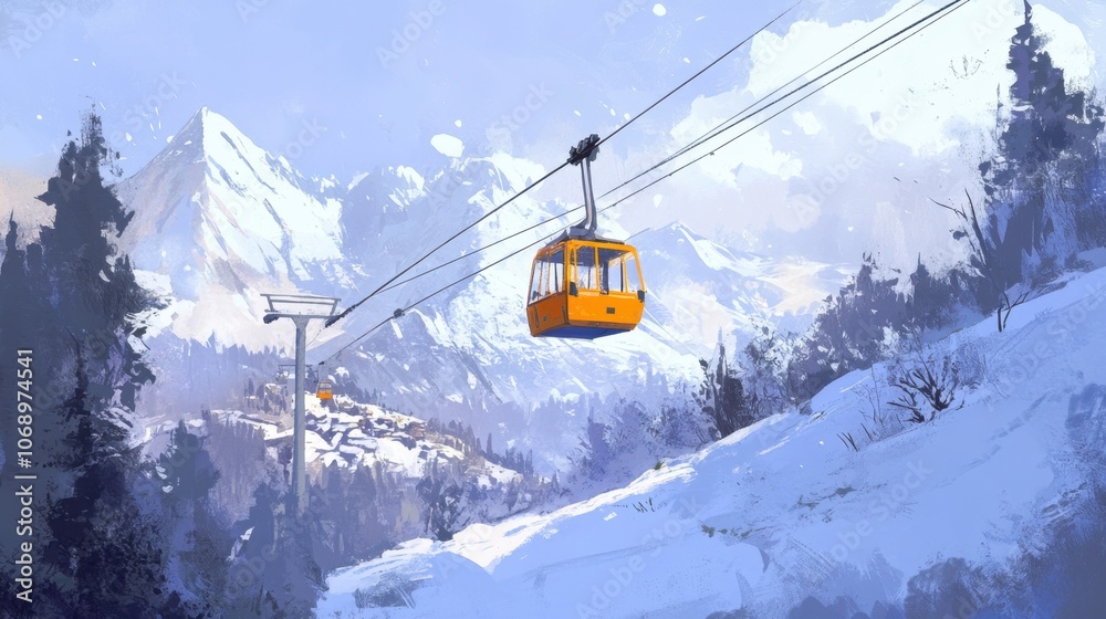 Scenic Mountain Cable Car in Winter Wonderland