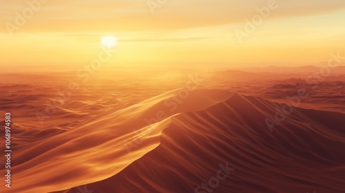 Golden sunrise over vast sand dunes in a serene desert landscape during early morning hours