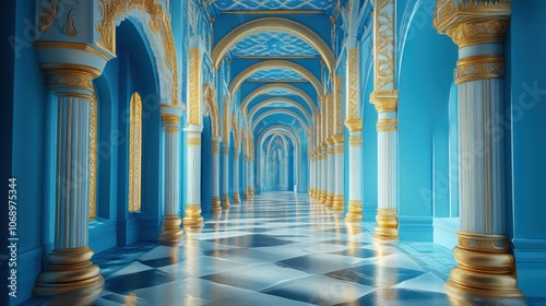 The royal palace's genuine dream blue interior. The palace is a golden blue color. interior of a castle photo