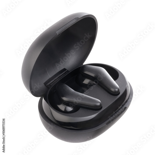 black earphones inside the case isolated on white background suitable for listening to music or talking on your smartphone