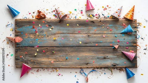 Colorful Rustic Wooden Party Sign with Confetti photo