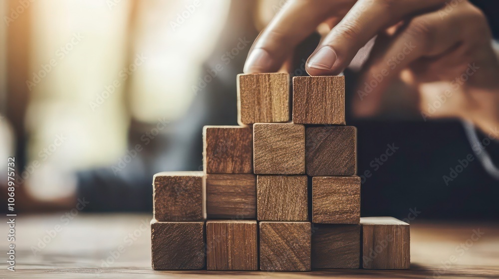 A hand stacking wooden blocks, symbolizing construction and creativity. A hand stacking wooden blocks, symbolizing construction and creativity.