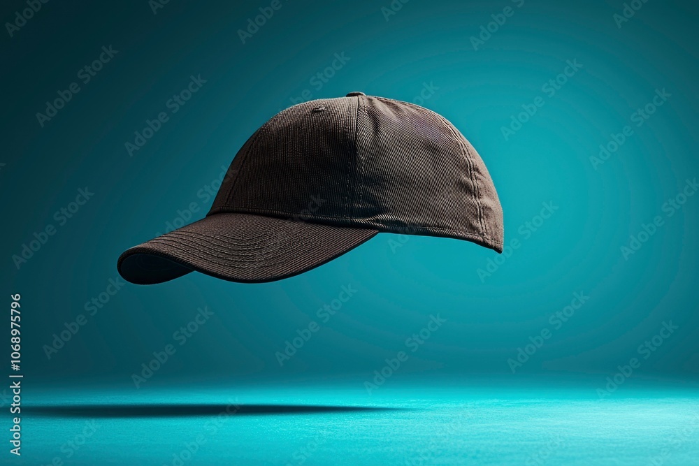 Brown Baseball Cap Floating Against a Teal Background Brown Baseball Cap Floating Against a Teal Background