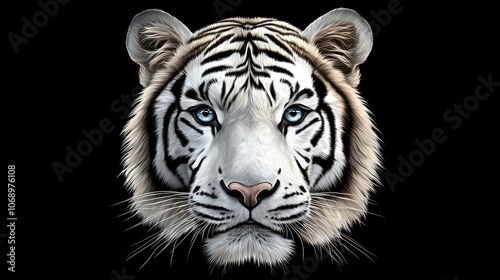 Closeup head of White siberian tiger on black background. Wildlife animal. digital art