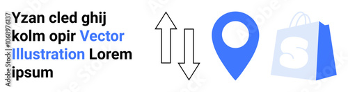 Large blue location pin, shopping bag with an S, and up and down arrows. Ideal for web development, e-commerce, online shopping, navigation, and location services. Landing page
