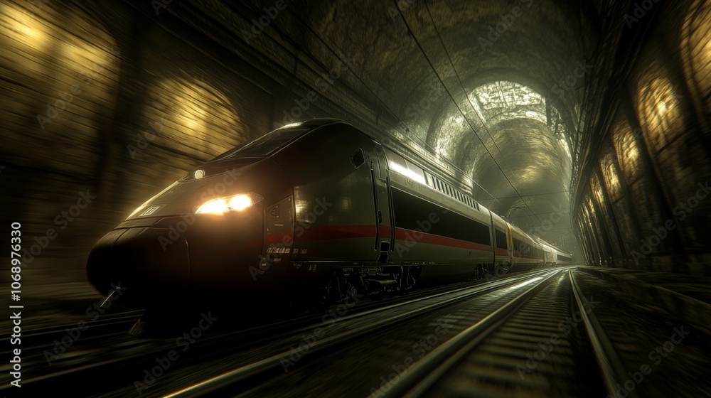 Obraz premium Fast Train in Dark Tunnel with Dramatic Lighting